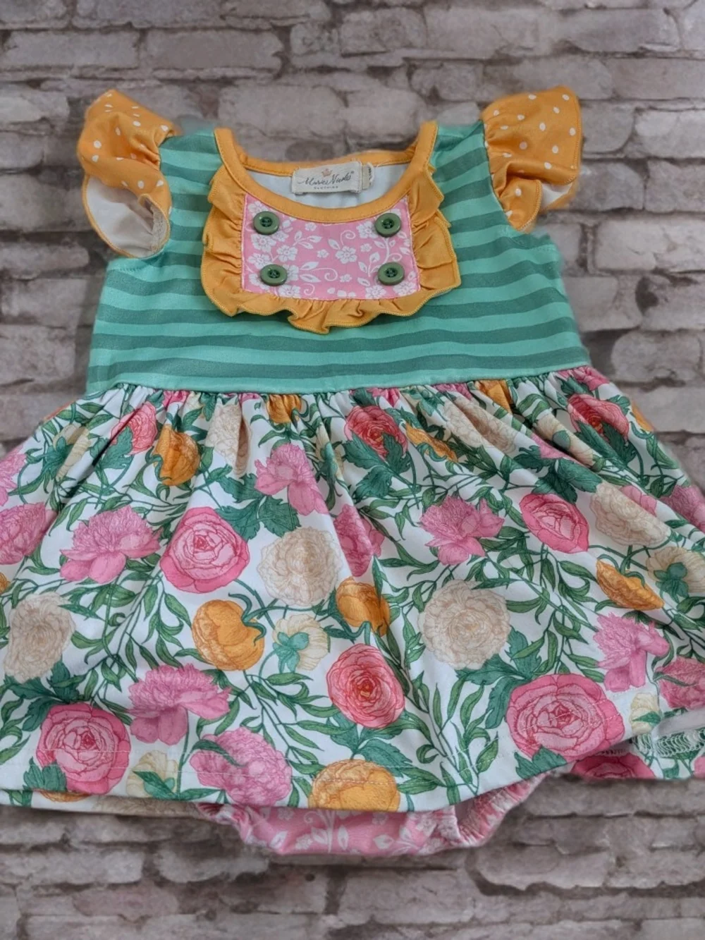 Marie Nicole Floral Mint & Yellow Ruffle Dress with Bloom Skirt Size 12/18 Month